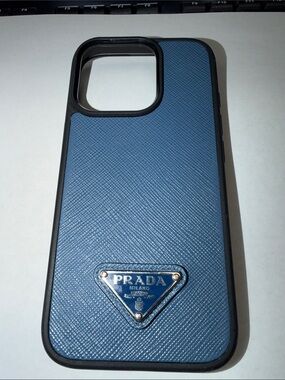 Prada Blue Textured Saffiano Leather Phone Case with Black Trim